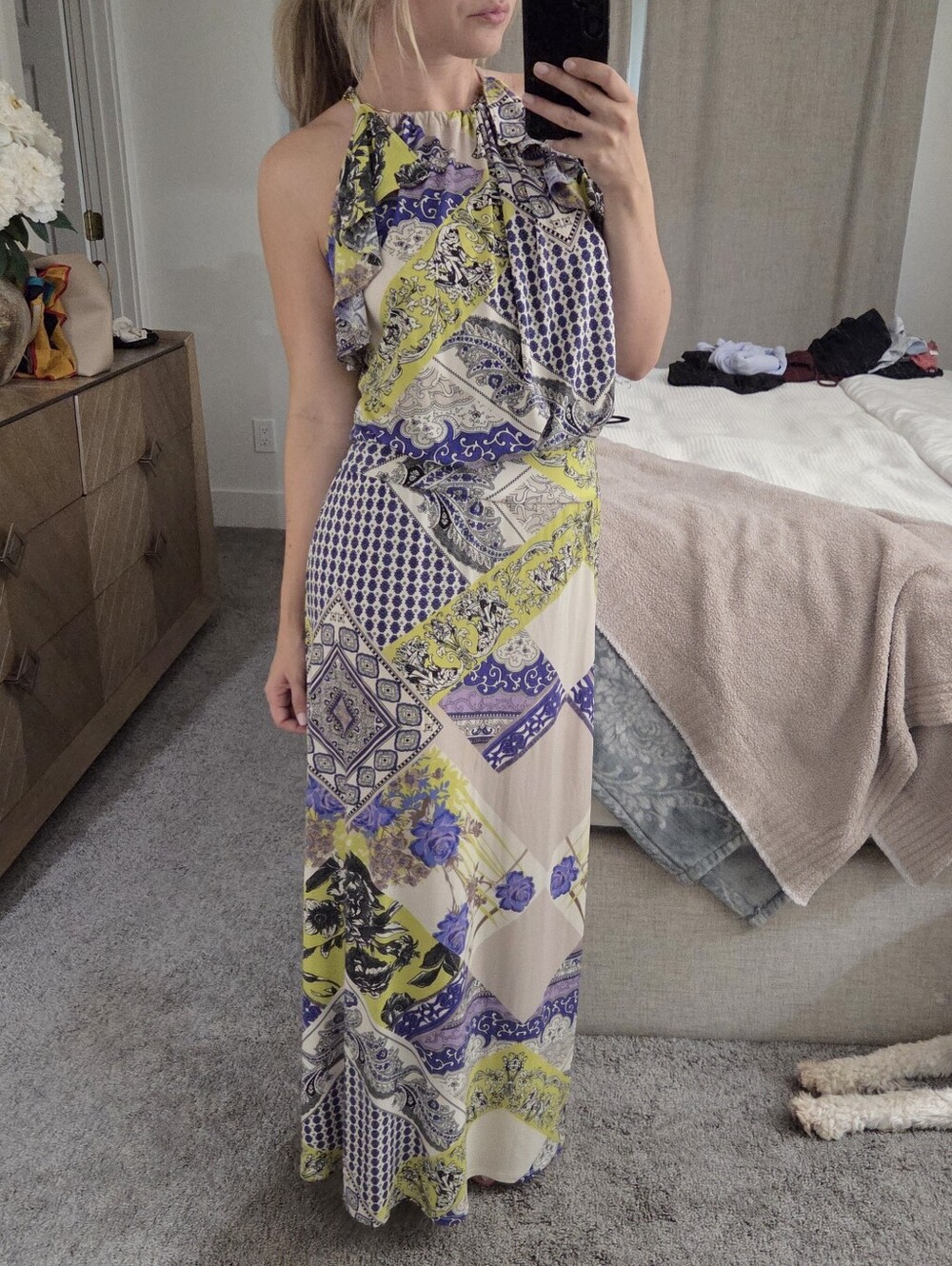 Julian Chang Patchwork Print Halter Maxi Dress Purple Chartreuse Size Small - Picture 8 of 15